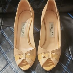 Jimmy Choo Beige and Mustard Peep Toe Heels